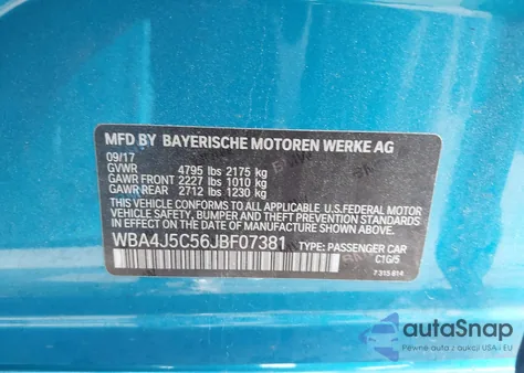 2018 BMW 440I Gran Coupe z USA, uszkodzony, nr VIN WBA4J5C56JBF07381